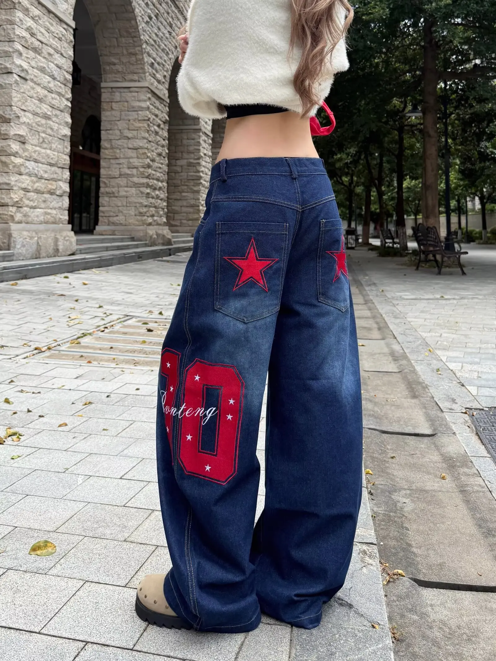 Jeans High-quality Women Fashion Jeans Star Pattern Loose Denim Pants Spring Fall Casual Low Waist Trousers Wide Leg Pants New