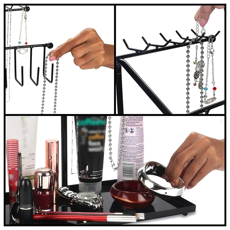 Jewellery Stand - Metal Display Stand With 30 Hooks And Bottom Tray Storage For Necklace, Bangles, Bracelet, Watches