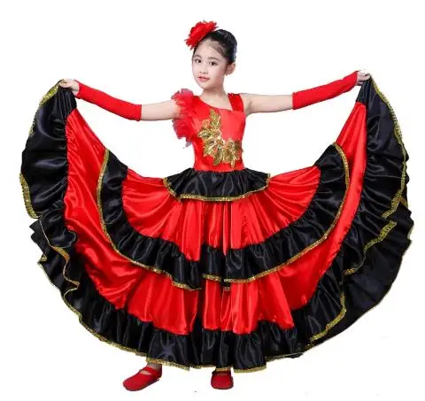 Spanish Costume Girl Long Red Flamenco Dress Ballroom Skirt For Girls Child Dance Dresses Costumes For Kids Clothes