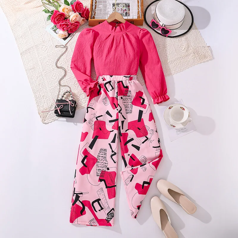 

2024 Summer Child Clothes Sets Long Sleeve Rose Red T-shirt Print Pants 2 Piece Sets Designer Girls Clothes Sets 8-12T