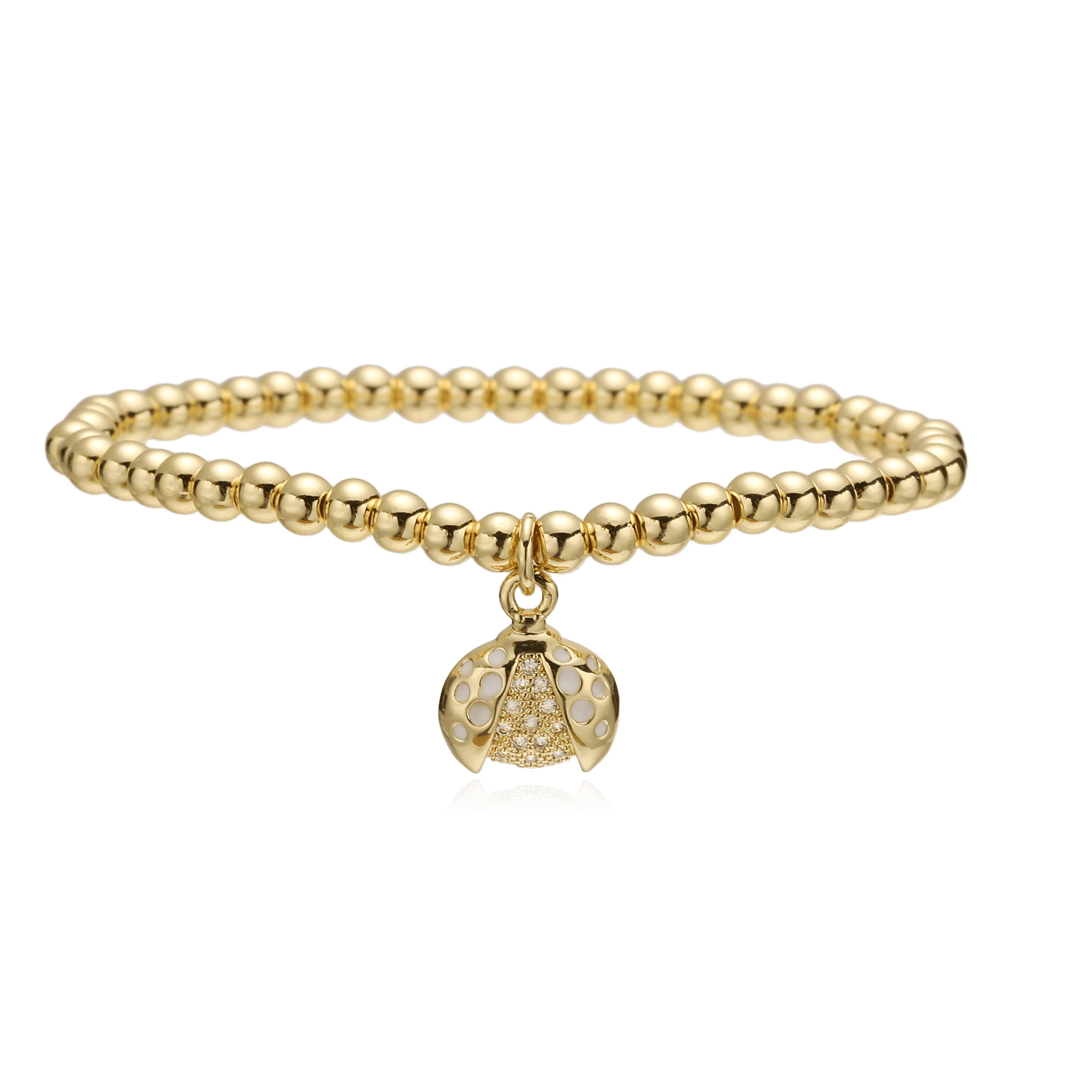 NEWBUY 2025 Fashion Gold Color Copper Beads Jewelry White/Red Enamel Ladybug Charm Bracelets For Women