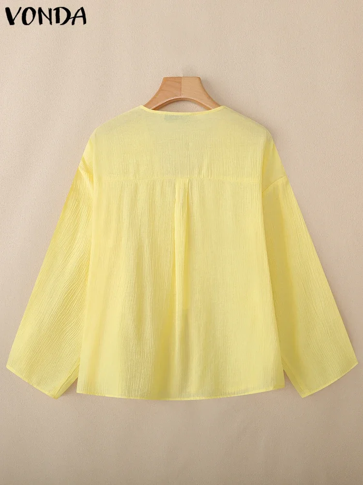 VONDA 여성용 쉬폰 롱 가디건 2025 패션 레이스업 커버업 긴 소매 셔츠 캐주얼 루즈 시스루 빈티지 비치 탑