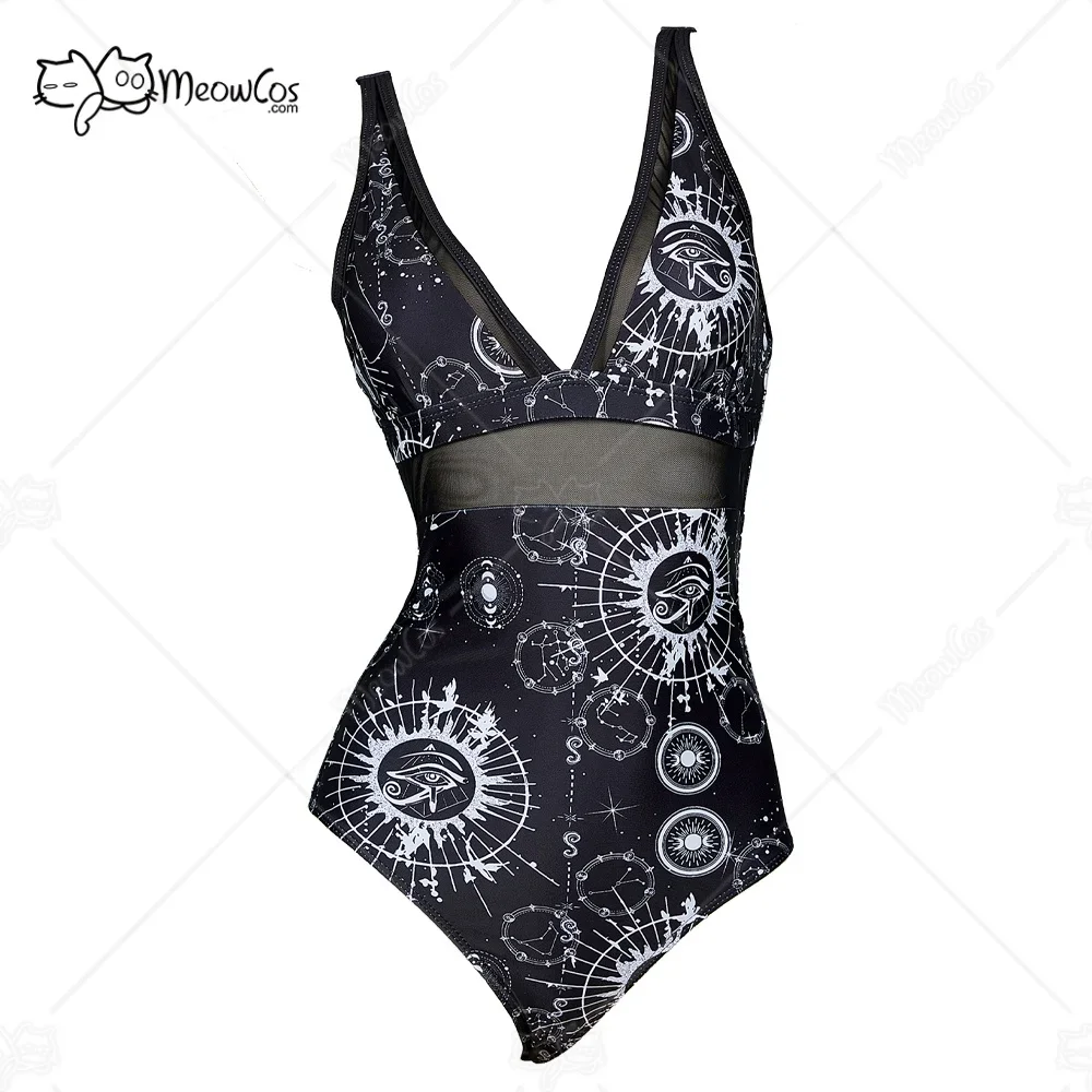 

USA Stock- Meowcos Women Mystery Cove Gothic Black Star and Moon Printed Swimsuit Set Witch Style V-neck One-Piece Bathing Suit
