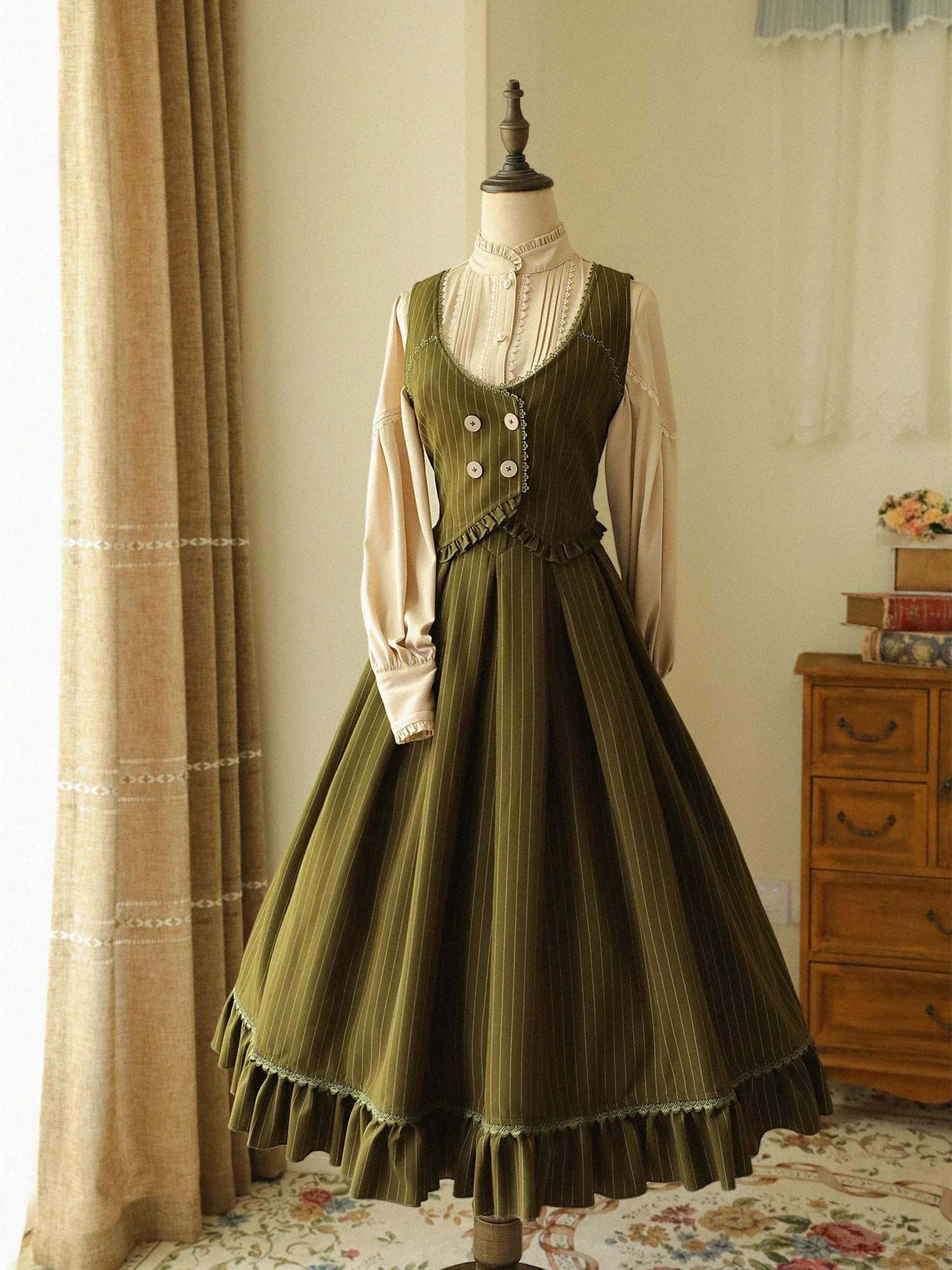 Vintage Elegant Striped Long Skirt Womens Autumn Winter Exquisite Court Style Slim Long Sleeves Lolita Shirt Tops Lady Waistcoat