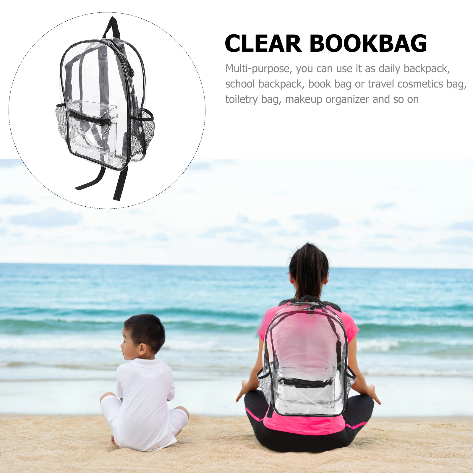 حقيبة ظهر شفافة من مادة PVC خفيفة الوزن ذات سعة كبيرة شفافة من خلال تصميم حقيبة الكتب المدرسية الخارجية وحقيبة أدوات الزينة للسفر