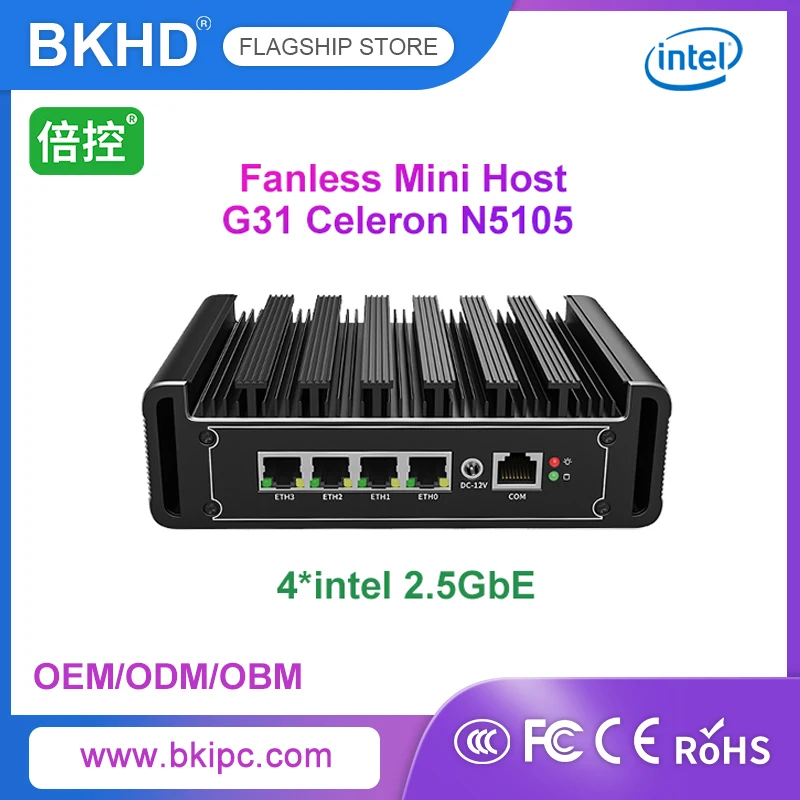 BKHD  G31 N5105 Fanless Mini Host 4 LAN 2.5GbE Compatible Ubuntu Debian EXSi Expandable WiFi 3G 4G Wireless Module