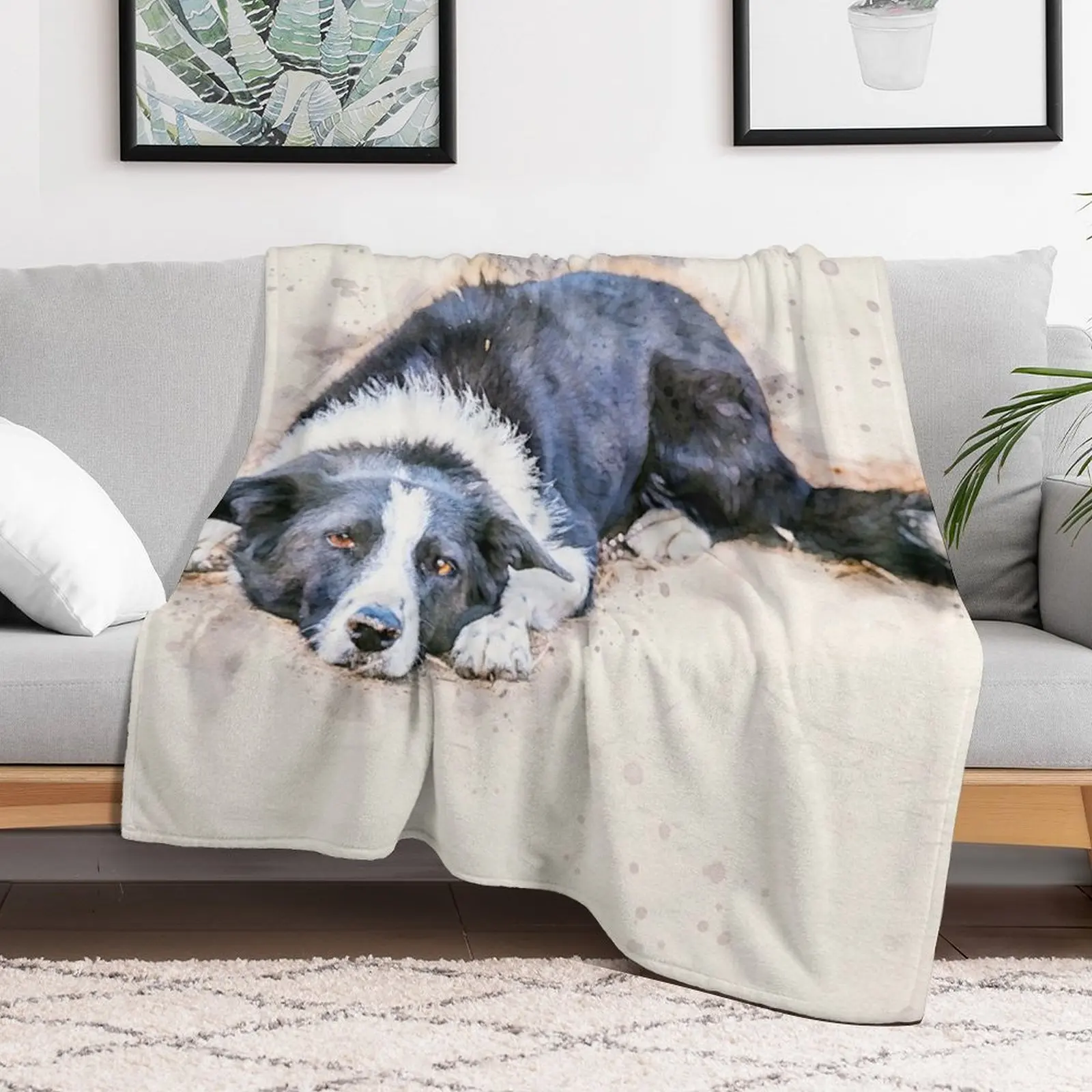 Cute Border Collie Lying on Ground Watercolor Throw Blanket Picnic Decorative Throw Blankets