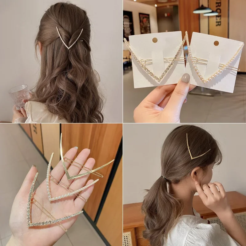 Korean V-shaped Pearl Rhinestone Hair Clips Frog Button Top Clip Edge Hairpin Ladies Casual Hair Accessories for Women