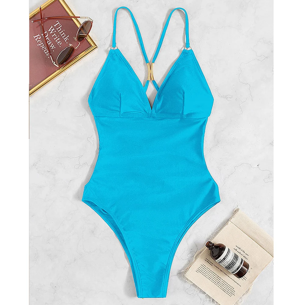 VigCasey 2024 Solid Strapped Swimwear Women Sexy Push Up High Cut One Piece Swimsuit Monokini Backless Cross Hollow Bathing Suit