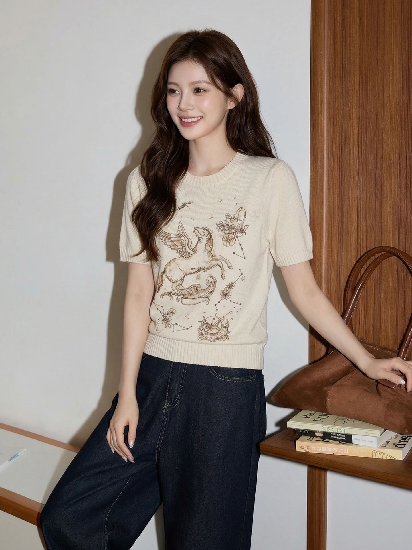 

Korean Sle Loose Fit ort Sve Knitted Top Women's Summer New Sle Embroidered Pattern Breathable Slimming irt