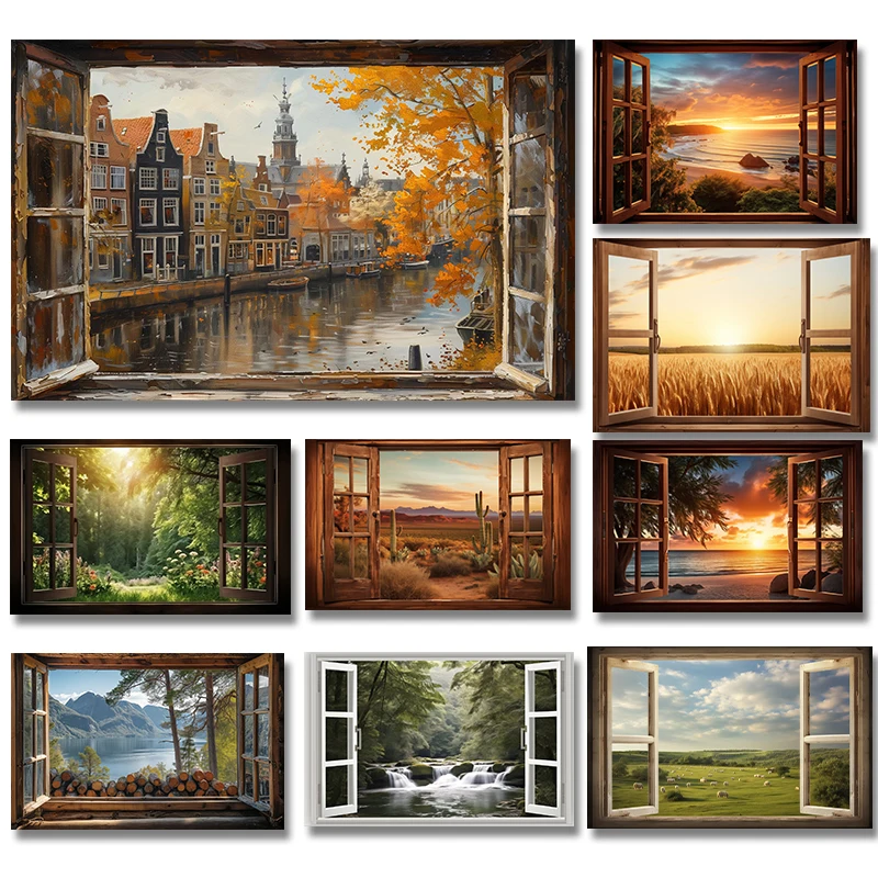 Open Window To Desert Amsterdam Ski Lift Castle Wheat Field Poster Canvas Painting Print Wall Art Picture Room Home Decoration