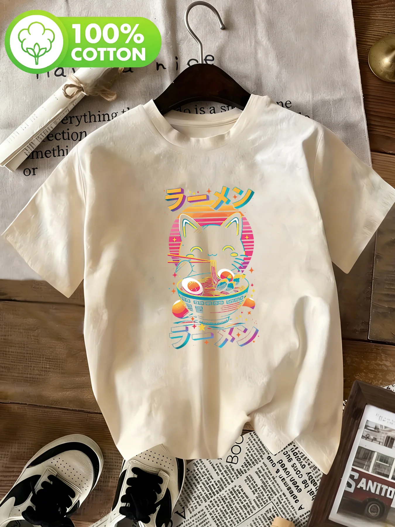 Neon Gradual Change Lamian Noodles Cat Print Short Sleeve Japanese Retro Top Summer Daily/Food Clock in/Campus Versatile