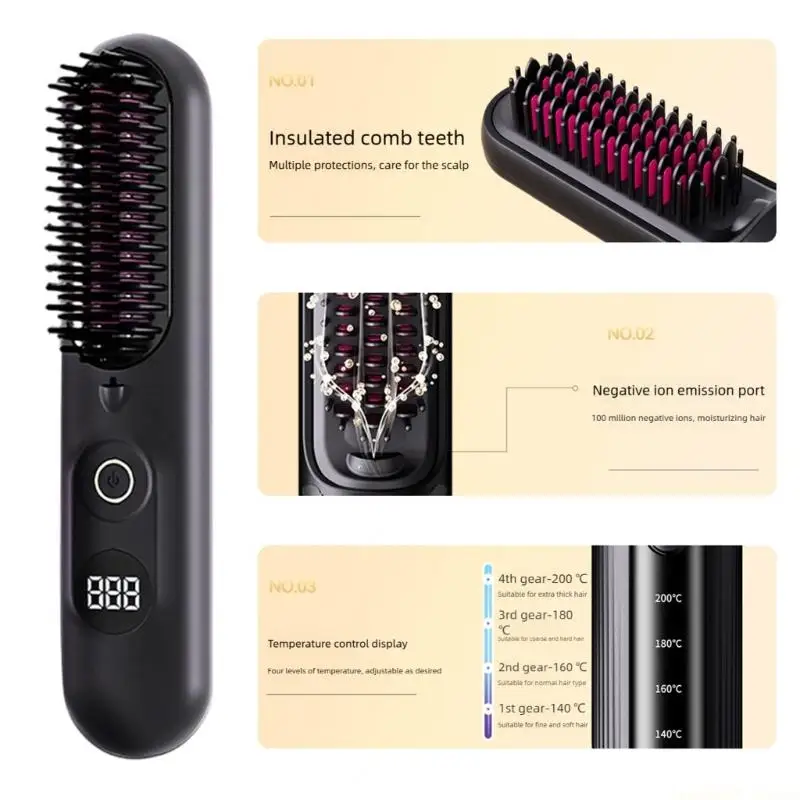 D0AB Hair Straightening Brush 4 Temp Settings Portable Wireless Hair Straightener Electric Styling Tool With Fast Heating