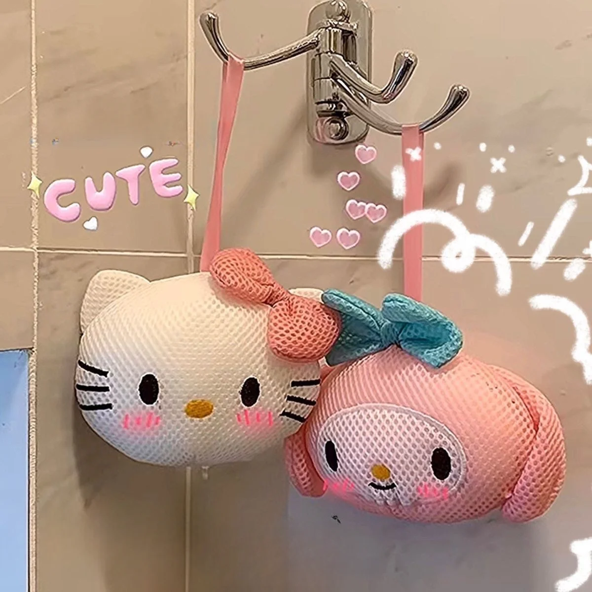 Esponjas de baño Kawaii de Hello Kitty, accesorios de baño de limpieza de muñeca esférica, Loofahs Sanrio, Anime My Melody, moda Linda