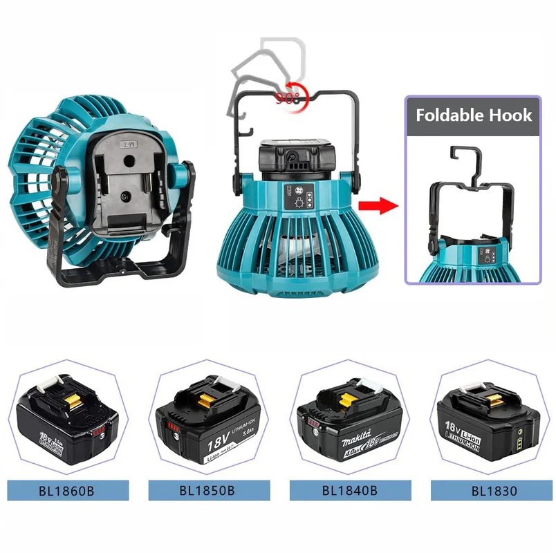 Imagem -03 - Bateria Externa Ventilador de Teto Adequado para Makita Dewalt Bosch Milwaukee Black & Decker 14.418v Bateria de Lítio com Gancho Dobrável