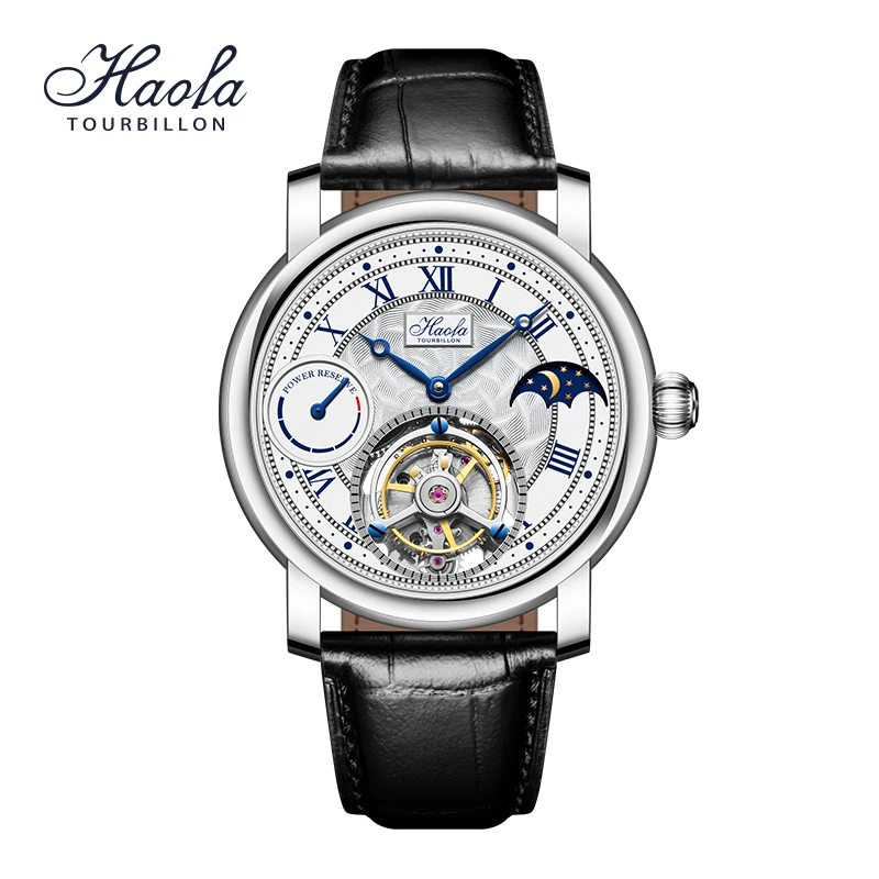 Haofa Manual Tourbillon Mechanical Watch for Men Moonphase Skeleton Sapphire Mechanical Watches for Men 80H Power Reserve 1016