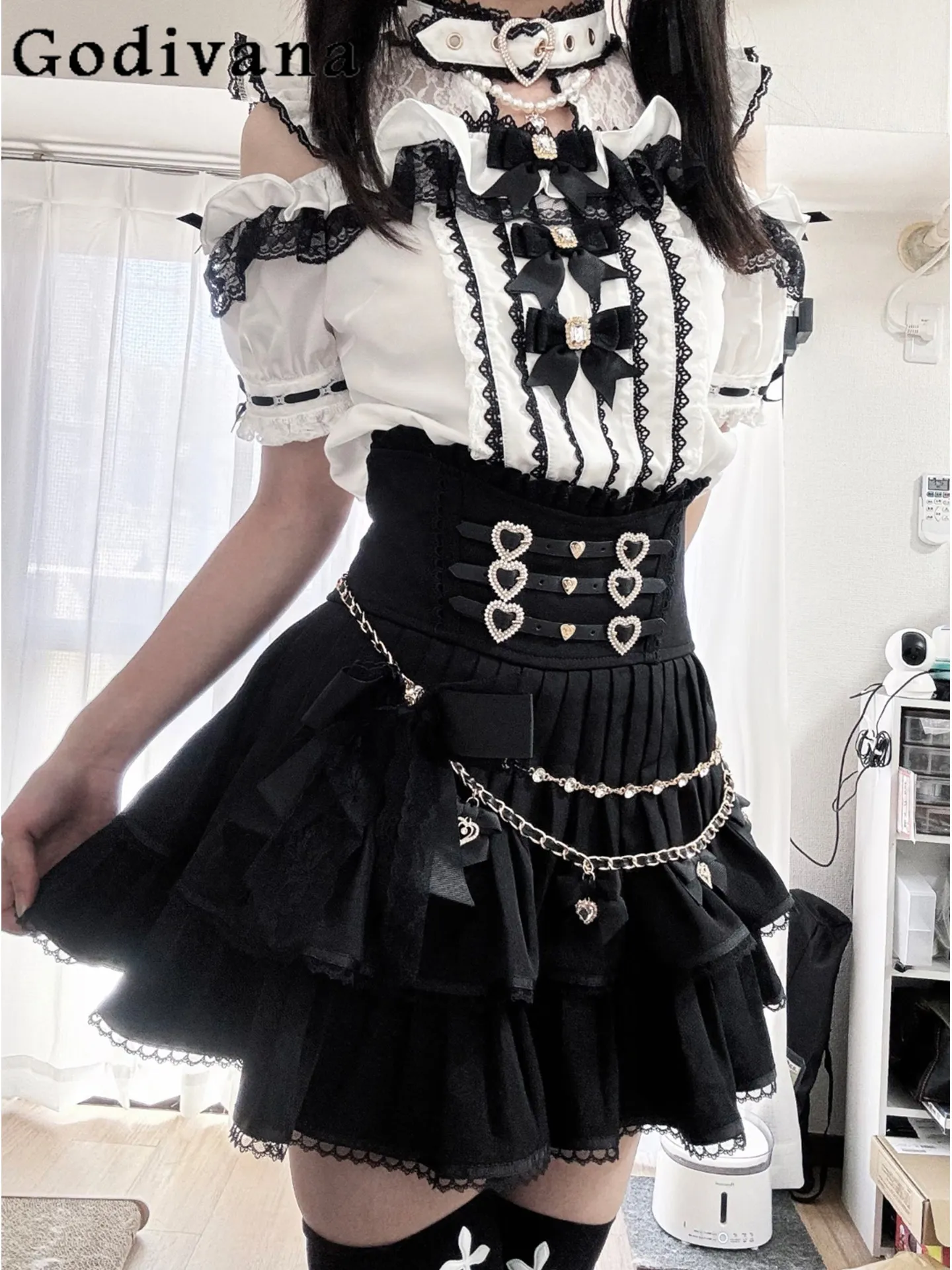 

Japanese sweet and cute doll bow off-the-shoulder short-sleeved shirt 2026 summer new versatile lolita women's shirt