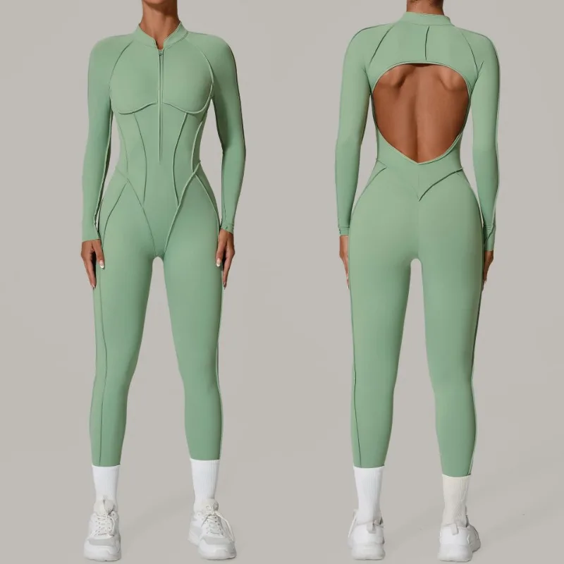 

2025 Women's One-piece Yoga Jumpsuit leggings Zipper Nylon Long-sleeved Sexy Backless Slim Fit Sports Outfit with chest pad