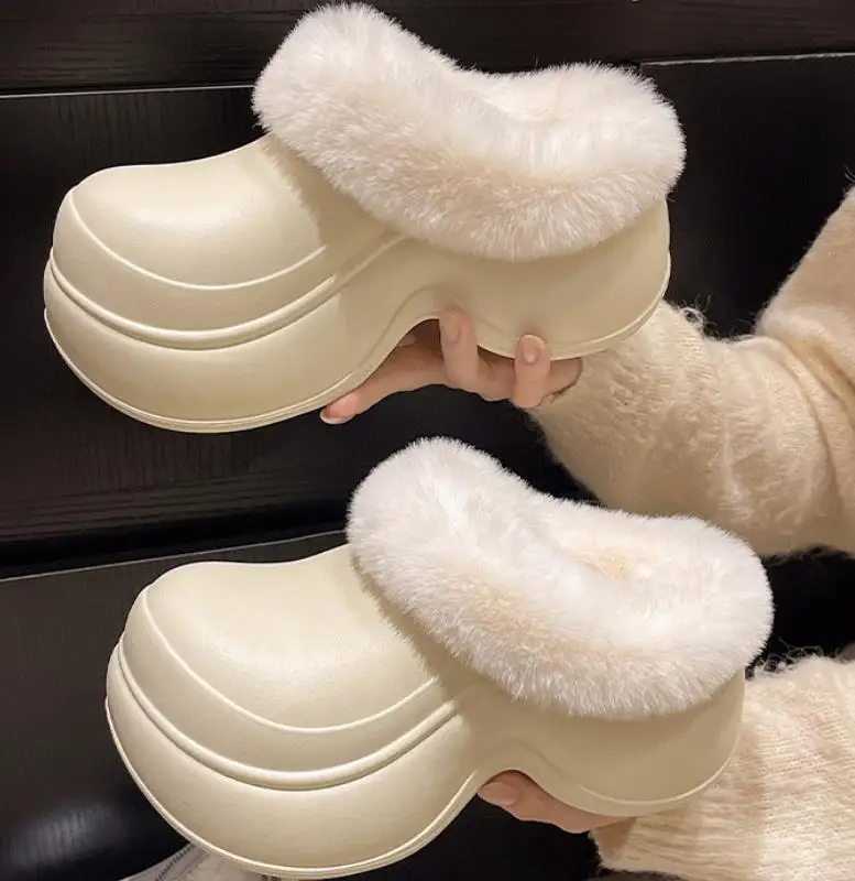 

2025 New Waterproof Indoor Street Wedges Slippers For Woman Winter Fluffy Shoes Warm Faux Fur Soft EVA Female Platform Slipper