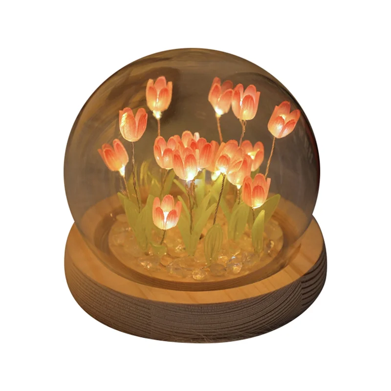 Tulips Night Light Handmade DIY Tulip Girl Living Room Night Light Desktop Light Romantic Ambient Lamp-Pink