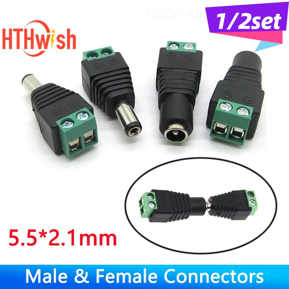 

1/2set 5.5mm x 2.1mm Female Male DC Power Plug Adapter for 5050 3528 5060 Single Color LED Strip and CCTV Cameras