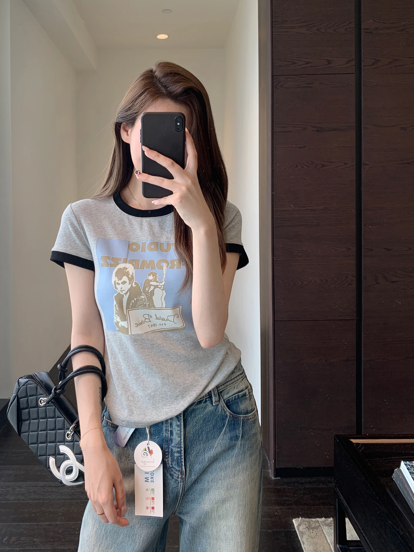 

Slim Fit Short Sleeve T-Shirt Women's Fashionable Casual Print Rock Style High Waist Straight Cut High Neck Spring New Arrival