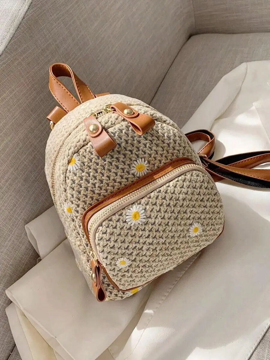 Mini Floral Embroidered Straw Backpack For Women Summer Beach Vacation Portable Lightweight Small Bag