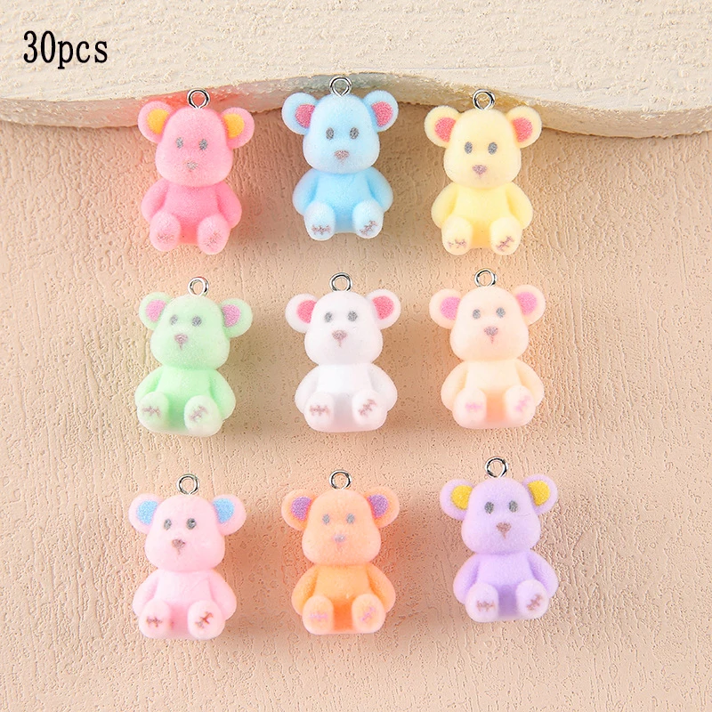 30pcs Kawaii Mini Resin Charms Flocked Colorful Bear Pendant For making  Keychains Earrings DIY Crafts Jewelry Accessories