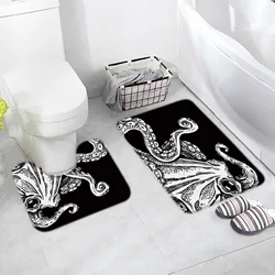 Black and White Octopus Bath Mat Set Funny Sea Marine Life Tentacles Home Floor Carpet Bathroom Decor Non-Slip Rug U-Shaped Pad