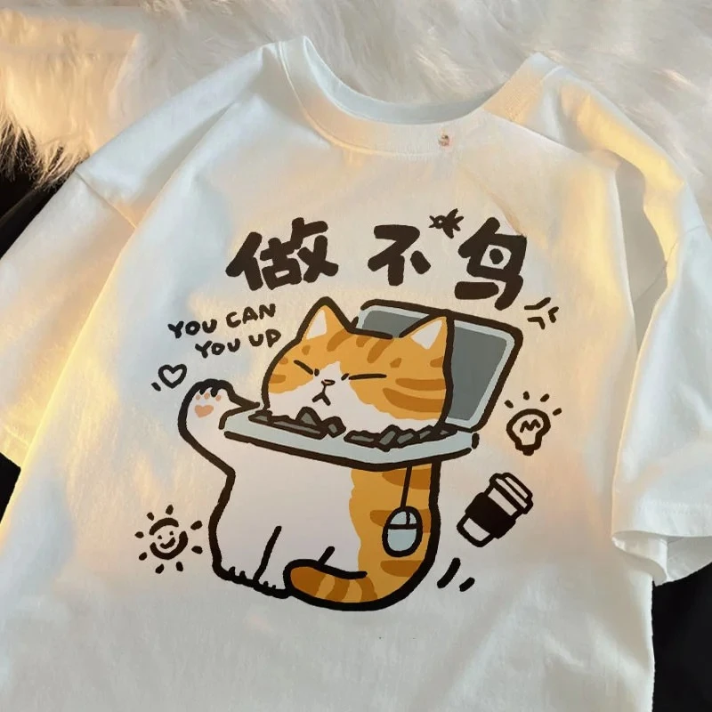

Cat Funny Printed American Retro Street Versatile Loose Short Sleeved T-shirt 2025 New Trend Woman Summer Clothing