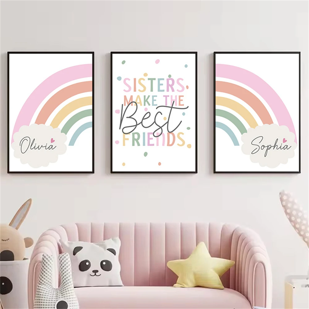 Custom Name Pink Rainbow Canvas Wall Art Painting Sisters Make The Best Friends Posters and Prints Nursery Girls Room Decoration