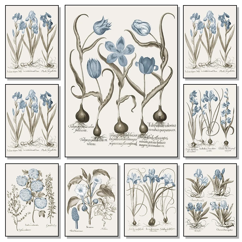 Retro Abstract Blue Various Flower Seedlings Root Green Leaves Poster Canvas Painting Wall Art Pictures Living Room Home Decor