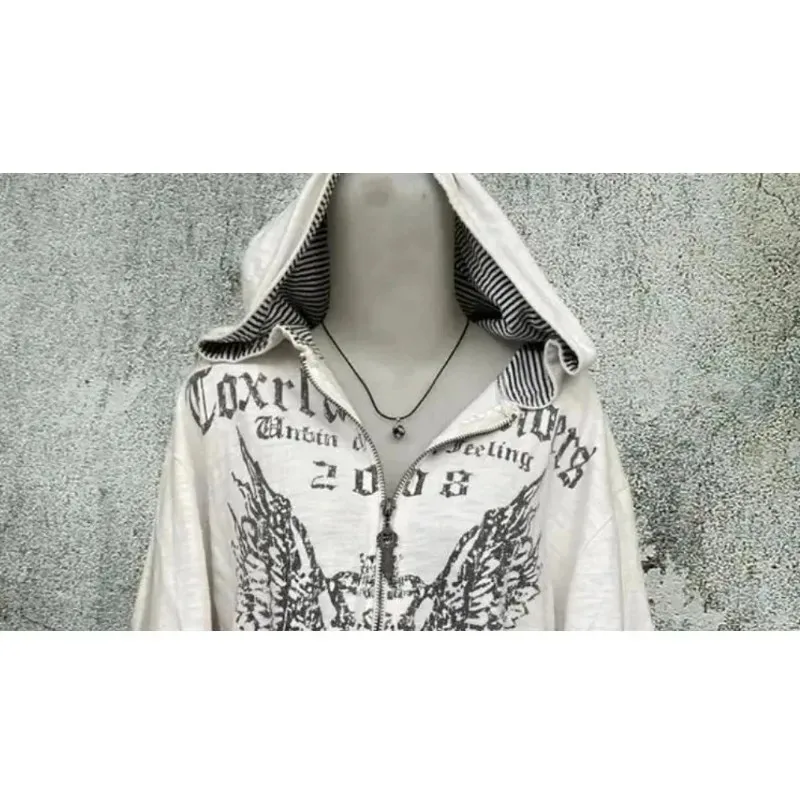 Y2k Women Vintage Street Clothing Punk Letter Printed Hoodie Zipper Sweaters Plus Size Graphic Sweater Gothic Clothing Harajuku