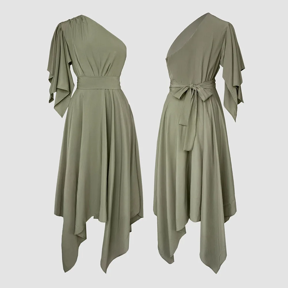 Um ombro assimétrico manga laço vestido de festa casual zíper lateral cintura cinched assimétrica bainha maxi vestido com cinto