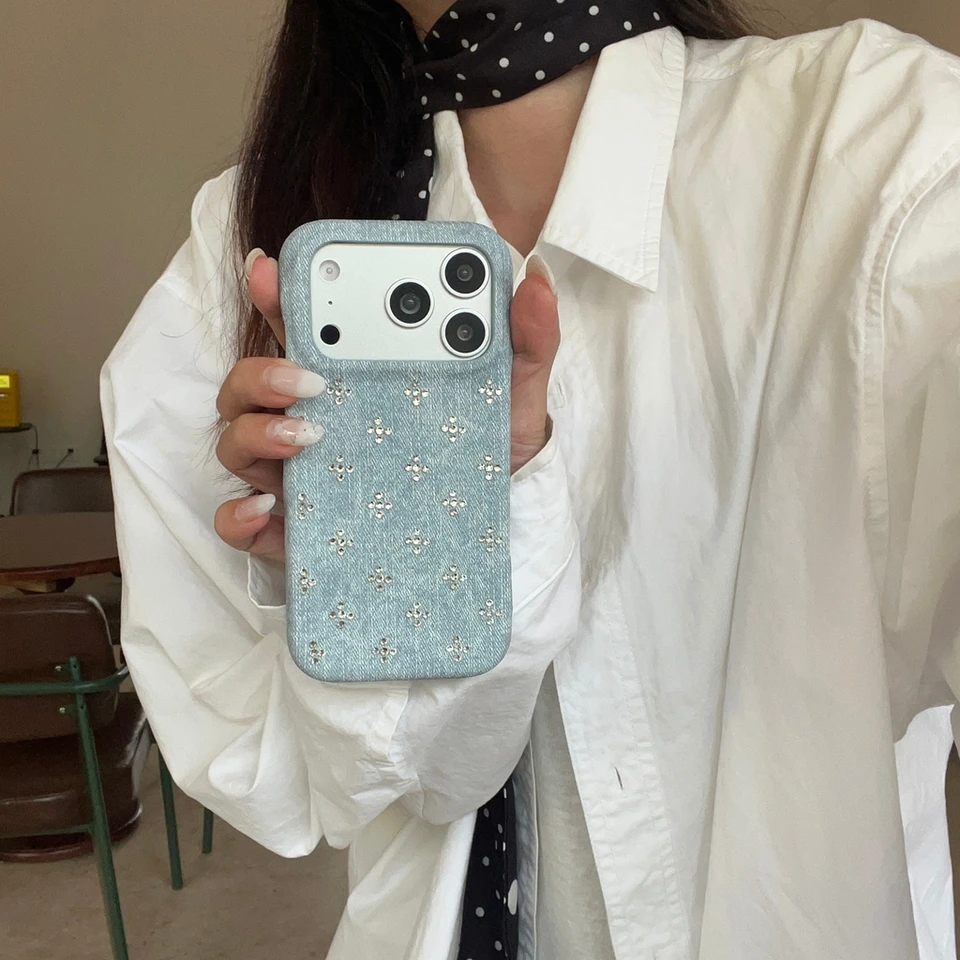 Retro Trendy Cool Blue Black Denim Texture Rivet  Small Flower Shock Proof Phone Cover Case for iPhone 17 16 15 14 Pro Max, image 5