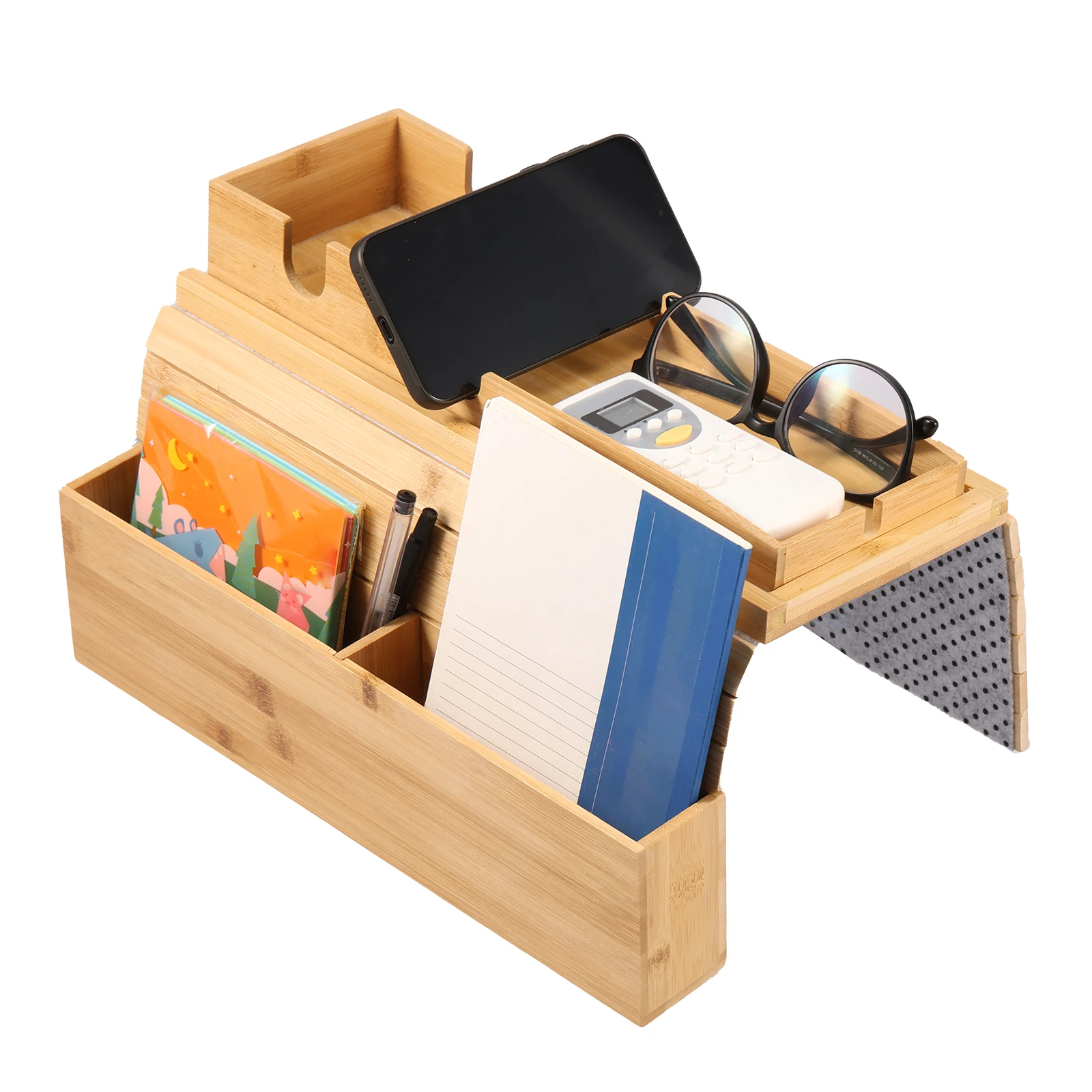Couch-Getränkehalter, Bambus, Sofa-Armlehnen-Tablett, faltbar, rutschfest, mit seitlicher Aufbewahrungstasche, Fernbedienung, Tassen, Snack-Organizer