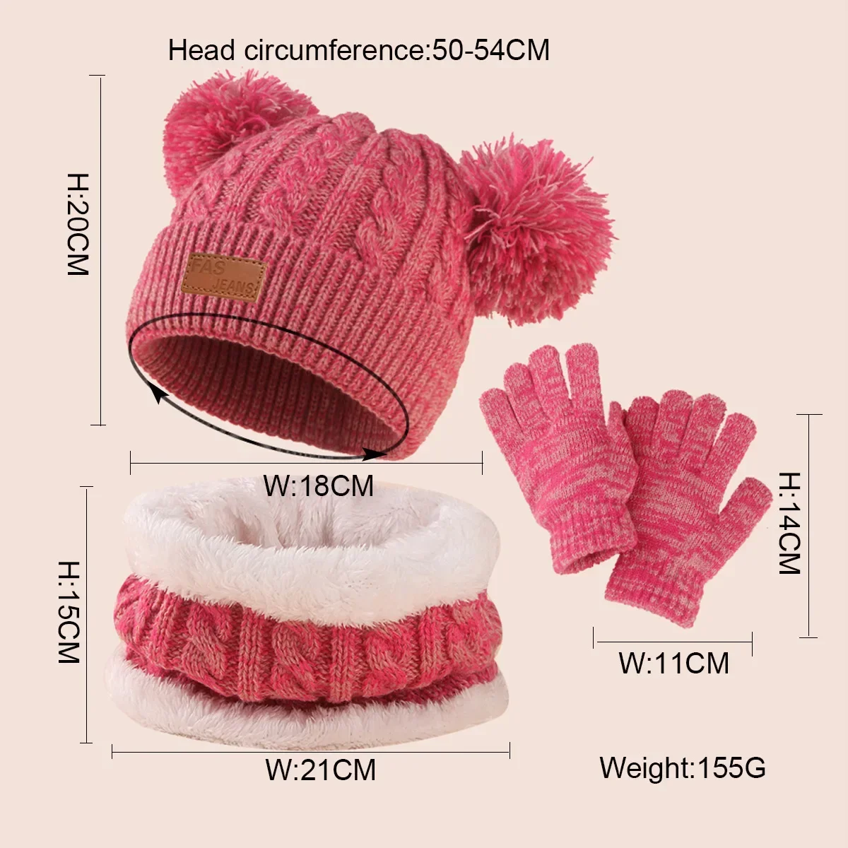 3 Pcs Kids Winter Knitted Beanie Hat Scarf Gloves Set Warm Soft Thick Fleece Lining for Kids 1-10 Years