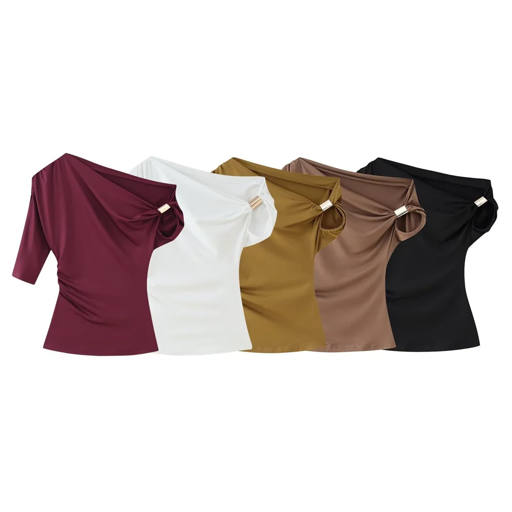 

summer new women's fashion metal buckle temperament slim fit nylon asymmetric simple top