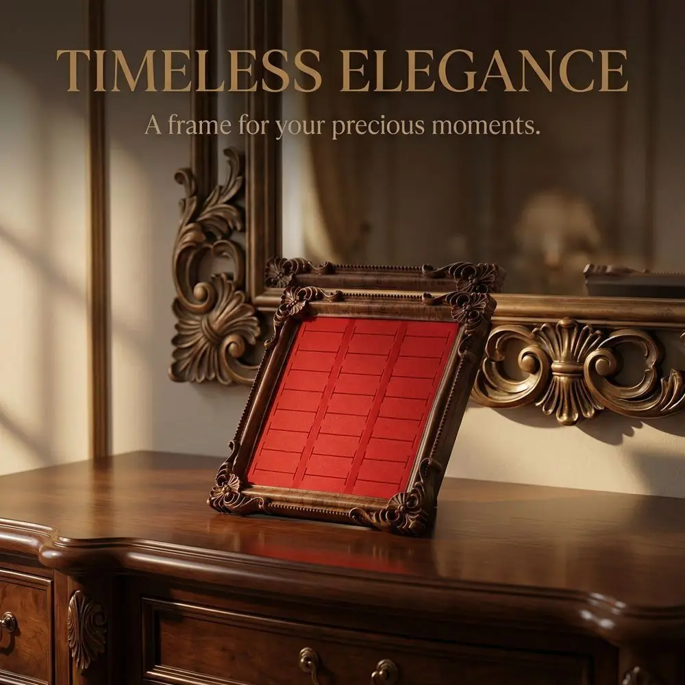 

European-style Vintage Jewelry Display Rack Square Aesthetic Photo Frame Wooden Ring Display Gold Trinket Stand