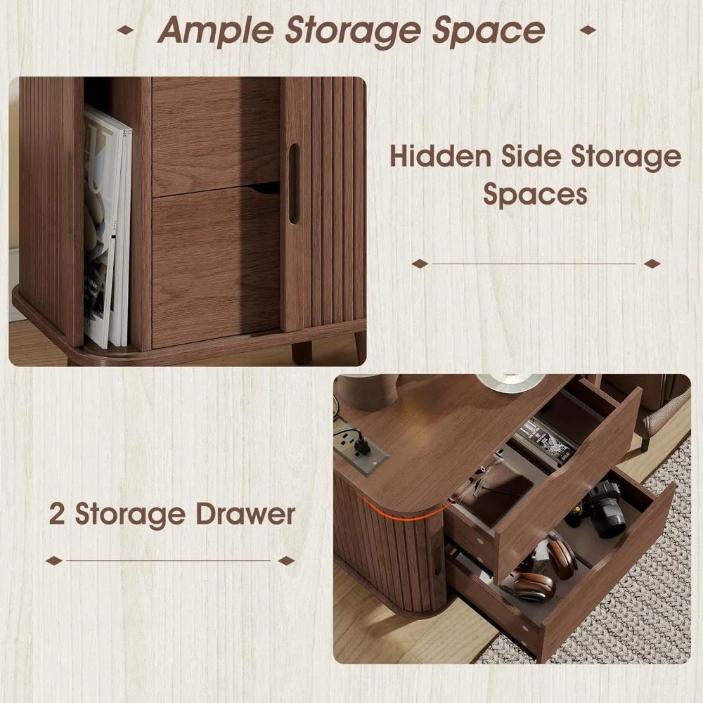 Comodino Moderno Stile Mid-Century con Stazione di Ricarica, Tavolino da Notte Scanalato con Cassetti e Ripiani, Noce