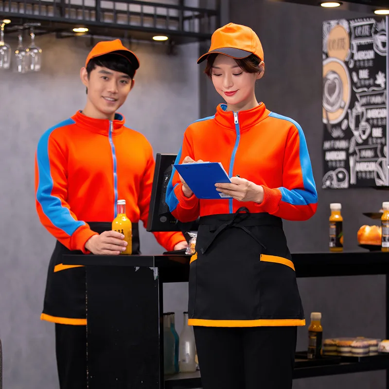 309 Fleece-Lined Group Party Staff Clerk Workwear Sweater Long Wholesale Autumn and Winter Auto Repair Catering Hot Pot Restaura