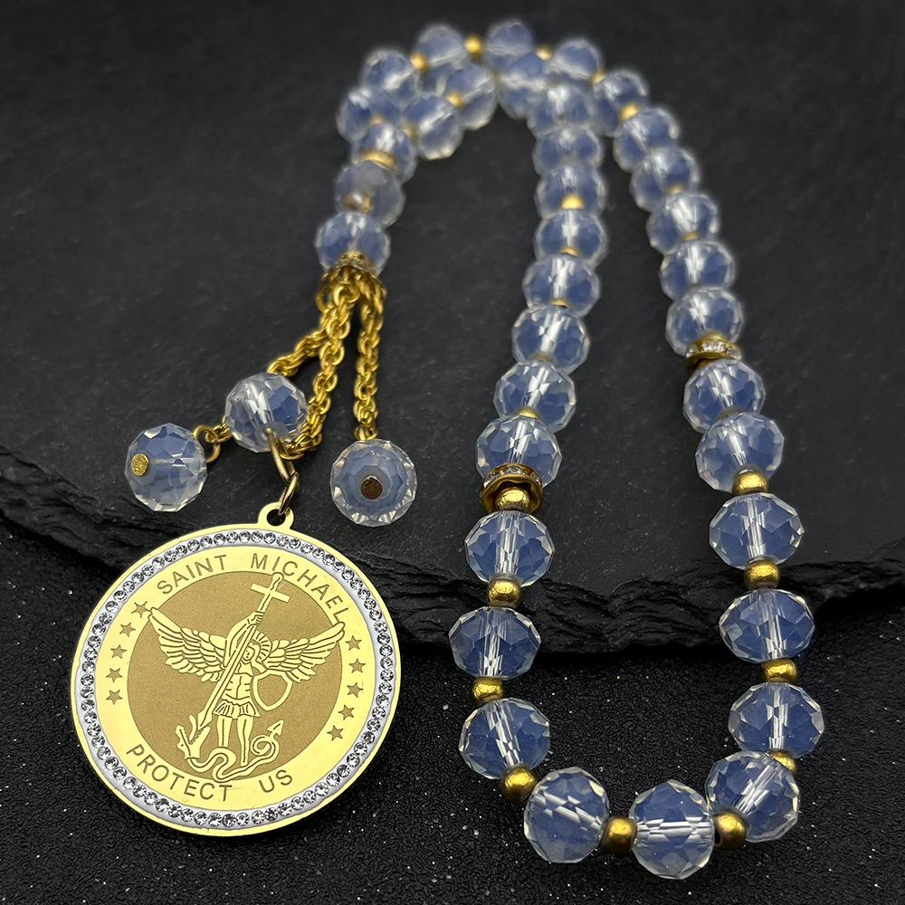 

Saint Michael Archangel Medallion Car Pendant for Women Men Stainless Steel Gold Color Knight Shield Glass Chain Jewelry Gift