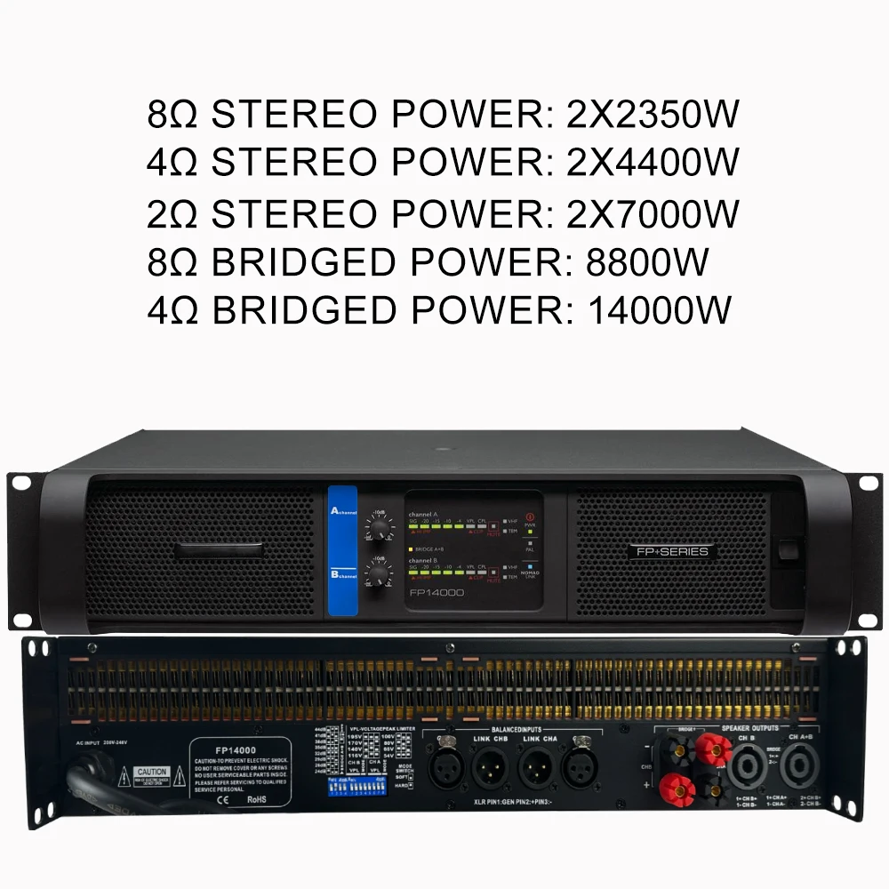 Oryginalna marka LOGO FP10000Q/FP14000Q Profesjonalny cyfrowy wzmacniacz mocy 4x1350W 8OHM wzmacniacz subwoofera o dużej mocy wzmacniacz głośników liniowych 4x2100W wzmacniacz 4OHM