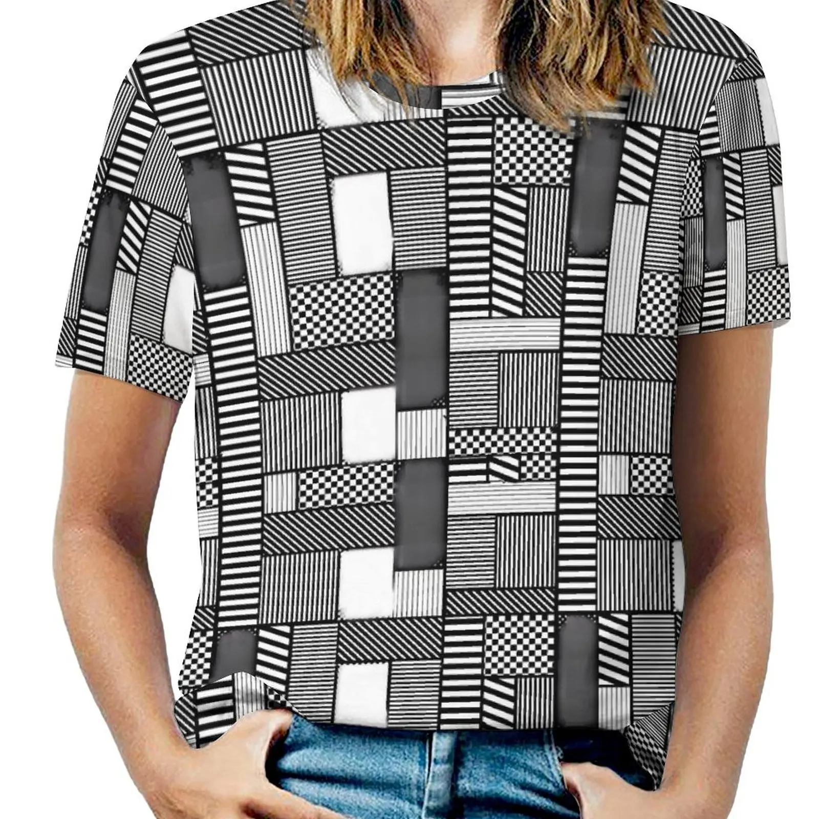 

Summer Black And White Geo Print T-Shirts Geomatric Patchwork Casual T Shirt Women Short-Sleeve Vintage Big Size Tee Shirt