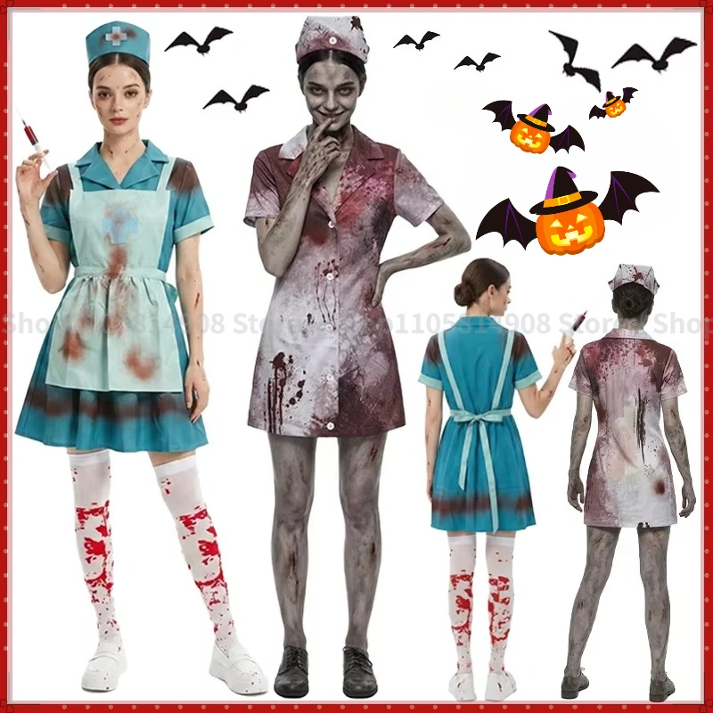 Women's Horror Bloody Zombie Nurse Cosplay Halloween Scary Costume Performance Short Sleeve Dress Apron Apparel Outfits