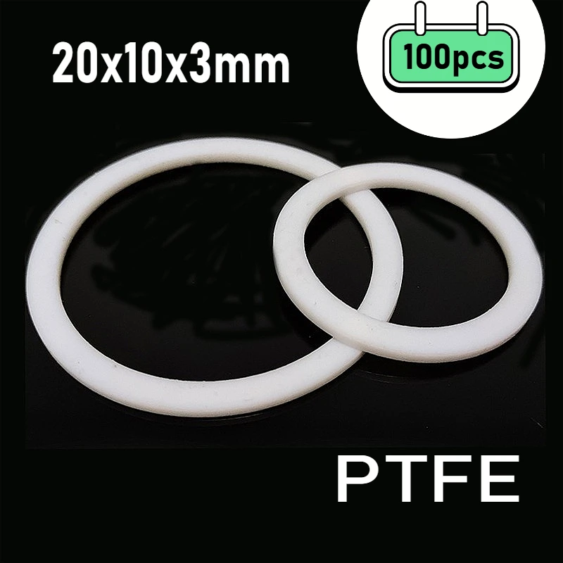 100pcs White PTFE Gasket Flange Flat Washer Resistant To High & Low Temperature Corrosion Anti-aging 20x10x3mm