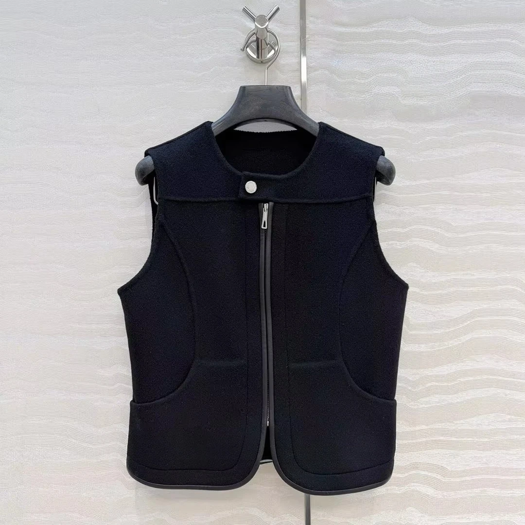 2026 New Fall Winter Top Quality Wool Cashmere Double Sided Woolen Coat Vest Women O-neck Sleeveless Zipper Pockets Short Tank