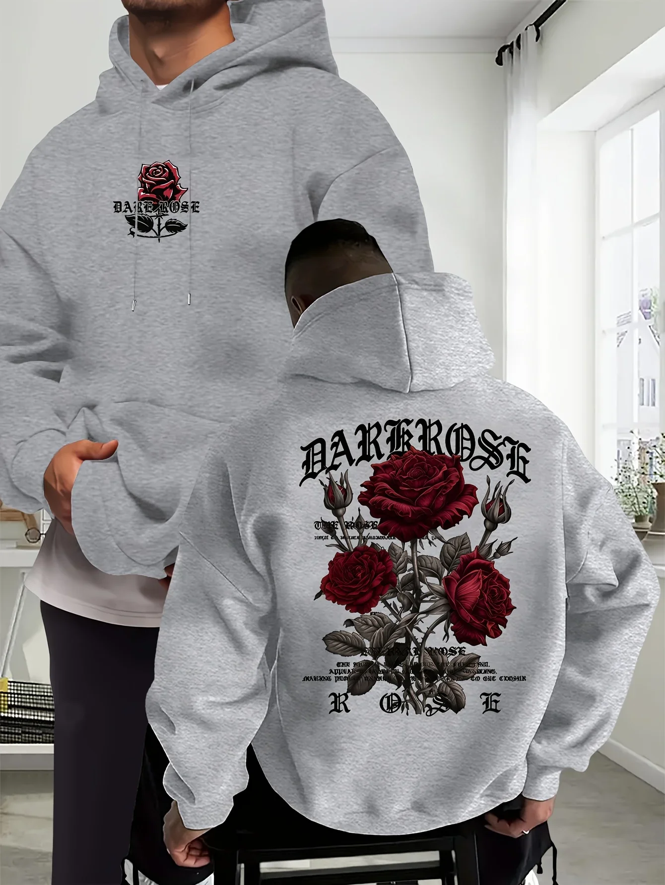 Men Dark Aesthetic Street Hoodie Dark Rose Burgundy Floral Gothic Letter Dual‑Side Print Pullover Autumn Winter Fleece Lined