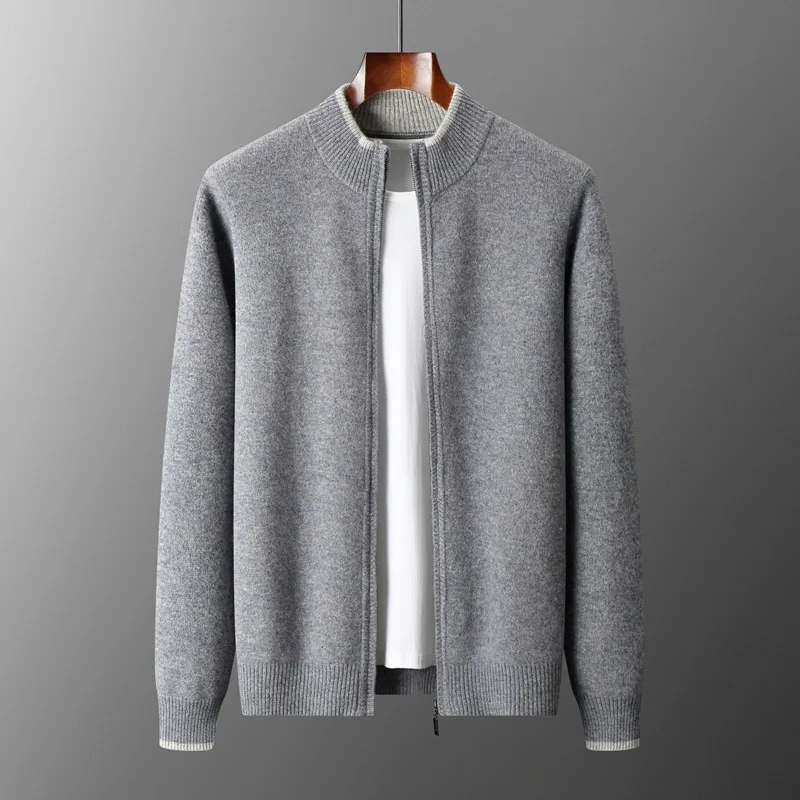 Suéter cálido de lana para hombre, cárdigan grueso con cremallera y cuello simulado, Tops de manga larga tejidos de Cachemira para otoño e invierno