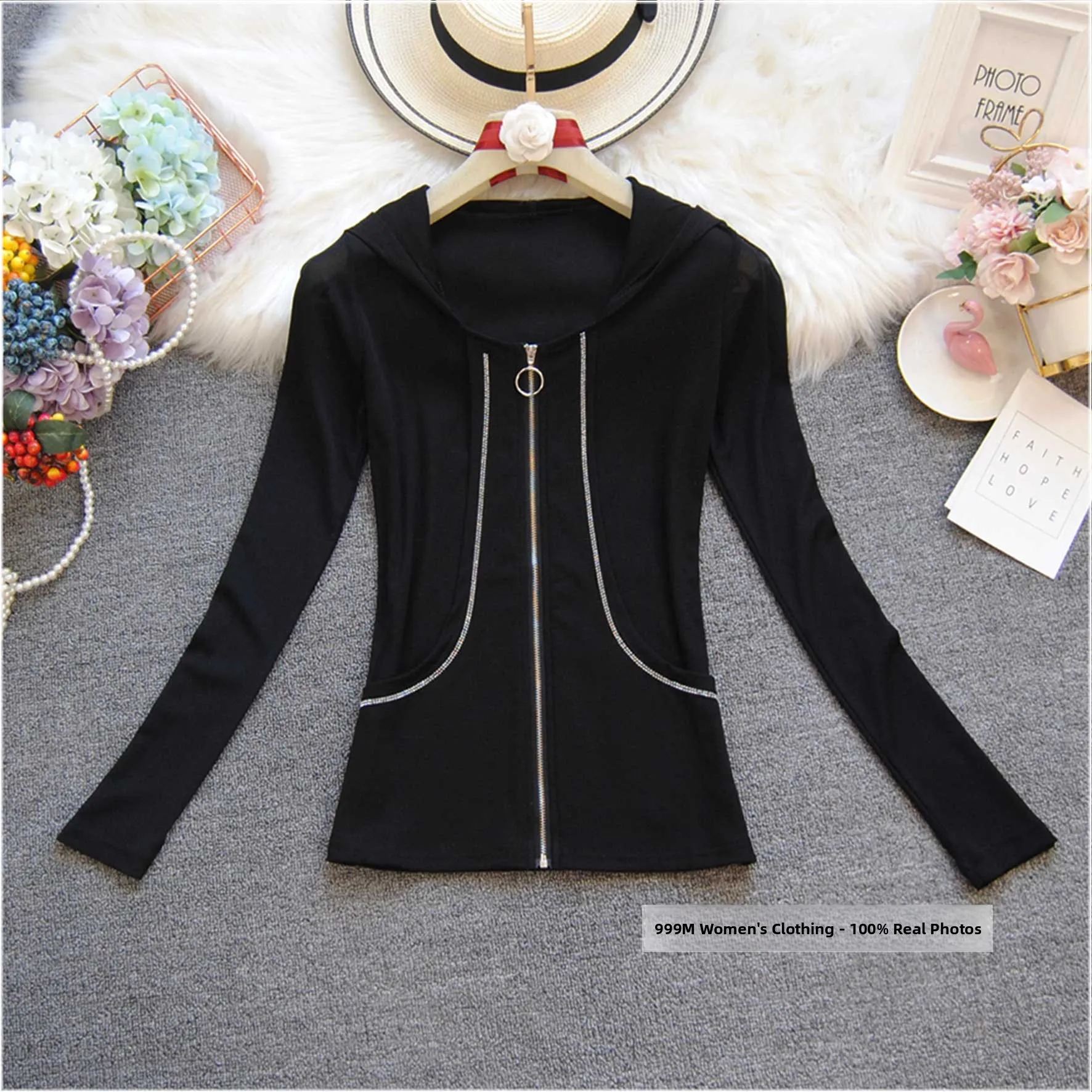 Women's Long Sleeve Hoodie T-Shirt Zipper Pocket Skull Head Base Shirt Street Style Cotton  Color Spring Autumn New Arrival